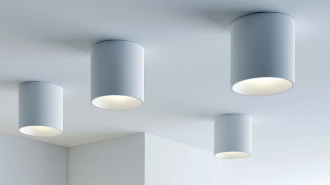 Elegent photo of Modern white cylindrical ceiling light fixtures mounted on a bright white ceiling. This minimalist lighting design is perfect for contemporary architectural and interior design.