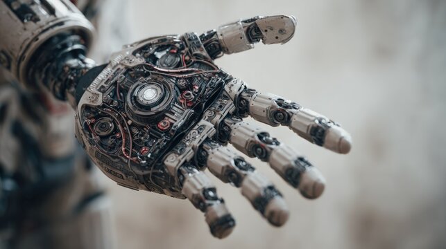 Detailed bionic hand with exposed wiring and open palm
