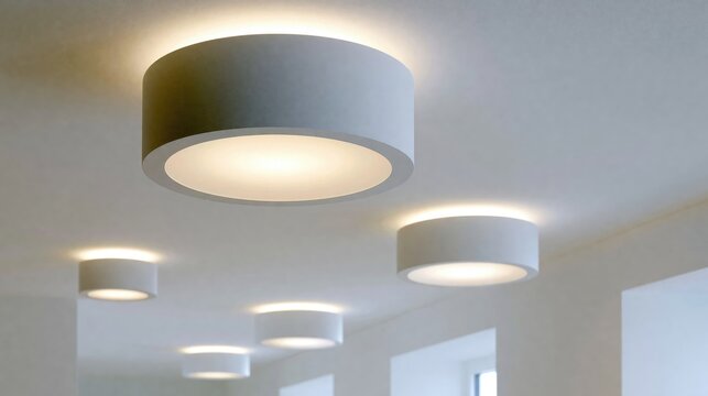 Elegent photo of Modern round ceiling light fixtures glow in a contemporary hallway. These architectural LED lamps provide bright ambient lighting for minimalist interior design projects.