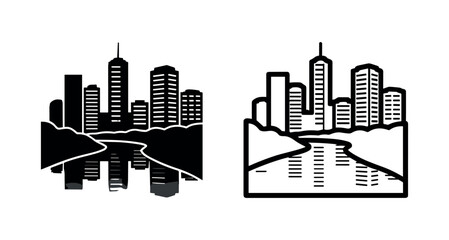 Obraz premium Modern Cityscape with Skyscrapers and River Reflection Vector Icon