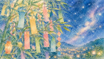 Fototapeta premium 天の川が輝く夜空の下で短冊と提灯が飾られた美しい七夕飾り