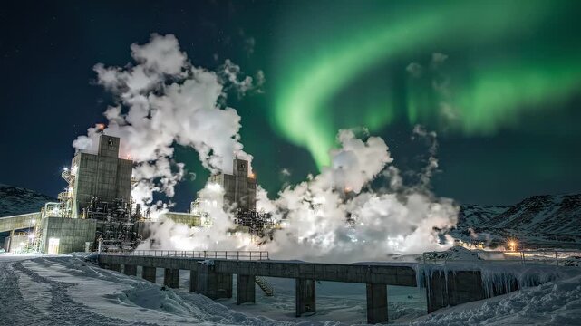 Industrial geothermal power plant emitting steam under the northern lights, showcasing a snowy landscape with illuminated structures and vibrant green auroras in the night sky