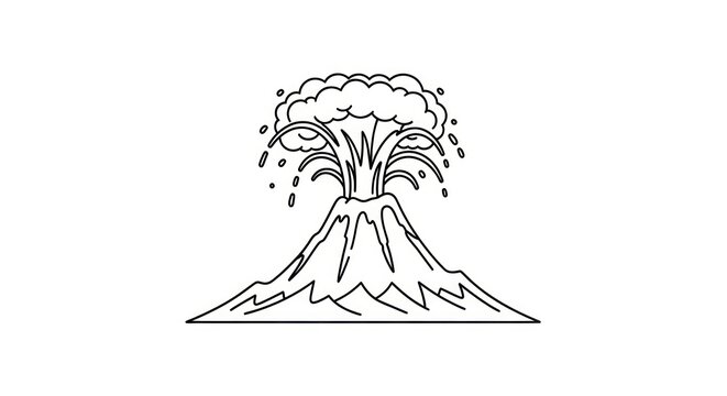 Erupting volcano with smoke and ash line art drawing