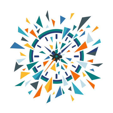 Abstract clock face exploding with geometric shapes and colors