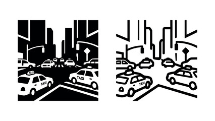 City street with taxis and skyscrapers icon © liubomir118809