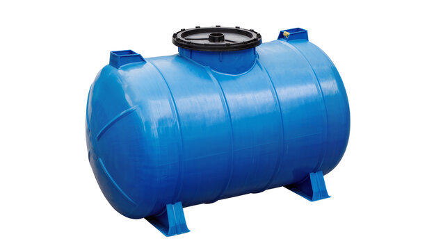 Isolated durable blue plastic horizontal storage tank for liquid storage, industrial container.