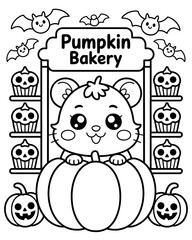 Fototapeta premium Cute Halloween Kitten at Pumpkin Bakery Coloring Page for Kids, Black and White Line Art, Printable Spooky Bakery Activity