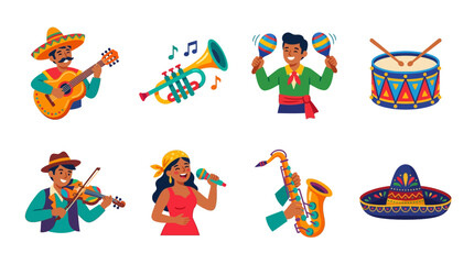 Fototapeta premium Vibrant Vector Set of Traditional Mexican Music Instruments and Performers in a Festive Environment