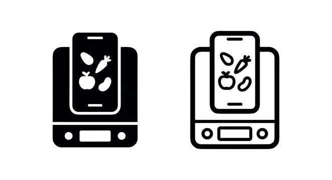 Digital Food Scale with Smartphone and Healthy Food Black and Outline Icon Set