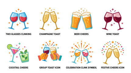 Fototapeta premium Vector Set of Various Cheers and Toasts with Glasses of Drinks in a Festive Celebration Environment