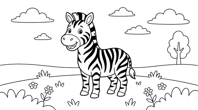Cute zebra standing in a meadow, isolated on transparent background, black and white line art.