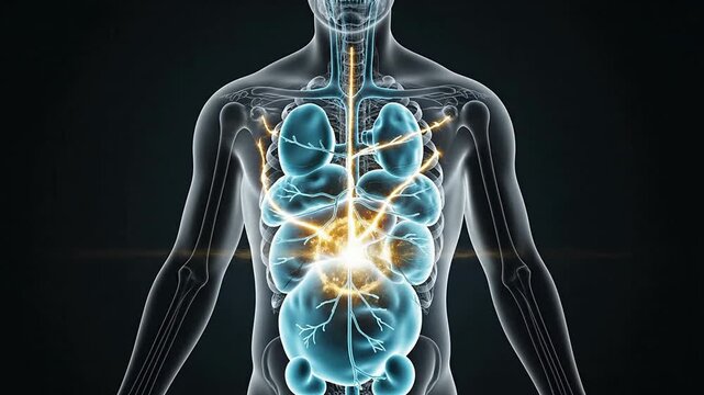 Stylized Anatomical Illustration of Internal Human Organs Highlighting Neurobiology and Dynamic Elements in Dark Background