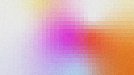 Textured grainy noise abstract backdrop built with faint translucent grid structure  smooth color gradient transitions from pale white, lavender, vivid magenta, warm orange-amber down to muted light b © yun visual