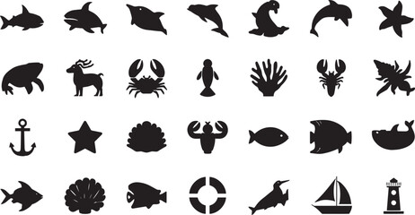 Ocean Wildlife and Nautical Sea Animals Silhouette Icons Set Black Solid Flat Icons Collection Marine Life Shark Dolphin Whale Crab Lobster Anchor Sailboat and Lighthouse Vector Design © rofikgraph24