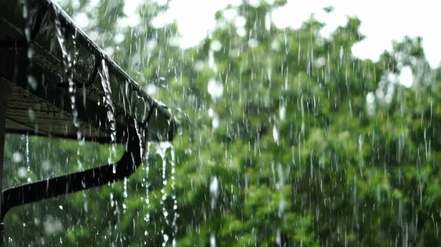 Close-up view of water cascading down from a roof gutter during a heavy rainfall, with blurred green foliage in the background