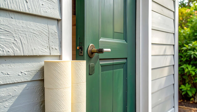 Green door with white siding house.