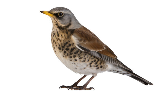 Isolated Fieldfare bird with detailed plumage standing in profile, a common European migratory thrush