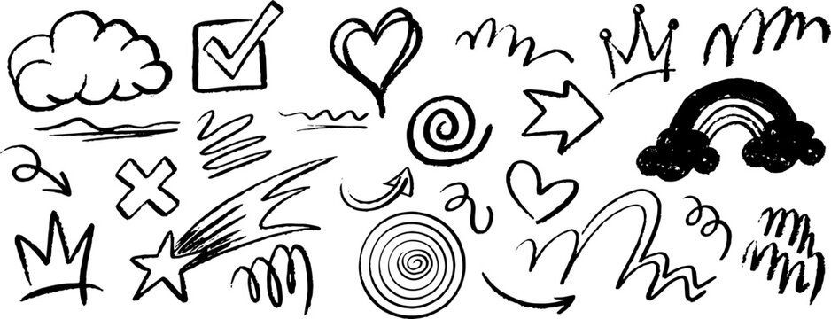 Hand drawn doodle element set with arrow star crown cloud checkmark heart spiral and scribble lines in black ink brush strokes