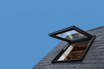 Open skylight window on a dark slate roof against a clear blue sky, revealing interior wooden beams and providing natural light. © imagezine