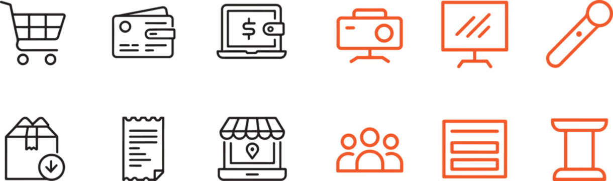E-commerce and business vector icon set with shopping cart wallet laptop projector and delivery box in black and orange line style