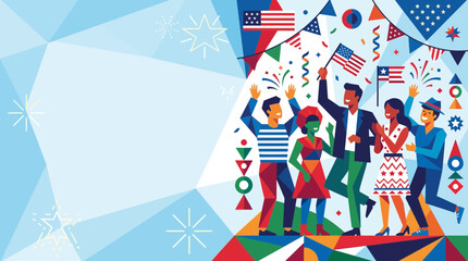 Obraz premium A diverse group of cheerful people celebrates with national flags and colorful streamers during an energetic gathering meant for commemorating significant patriotic holidays within a dynamic