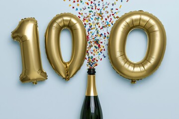 Fototapeta premium The Hundred Gold Balloons Celebration Above Sparkling Champagne Bottle with Confetti