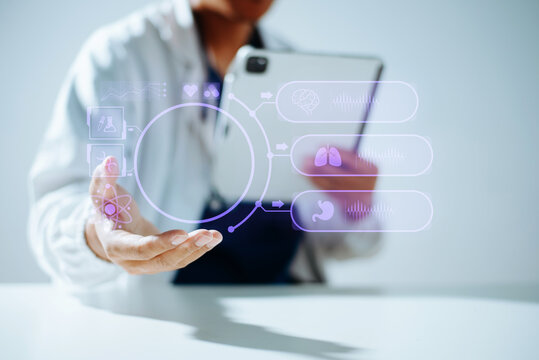 Hand holds a smartphone with a holographic screen, showing a medical app for virtual doctor consultation and remote patient care.