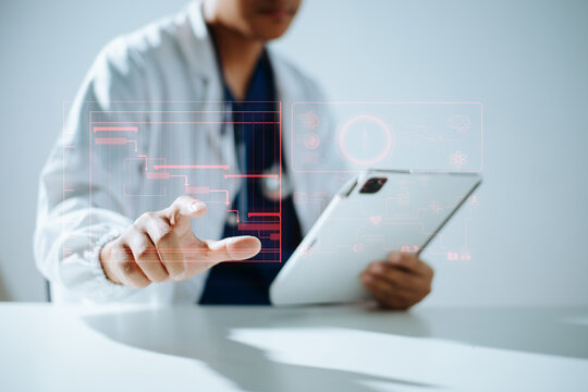 Medical professional using futuristic digital interface with data analytics, AI technology, and healthcare visualization, representing innovation, health tech