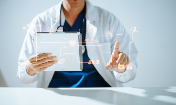 Doctor or scientist using a tablet with AI, science, and medical icons for research, diagnosis, and innovation in health technology.