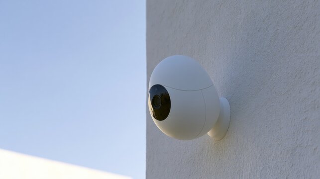 Elegent photo of A modern white wireless security camera mounted on a clean exterior wall. Perfect for smart home monitoring and residential safety concepts.