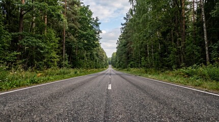 Obraz premium Long straight asphalt road stretching through a dense green forest under a cloudy sky, creating a vanishing point perspective and a sense of journey
