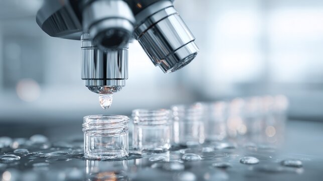 Microscope dripping liquid into glass vial in lab