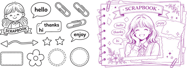 Cute scrapbook doodle set and page layout vector illustration with anime girl character speech bubbles and paper clips © Muhammad