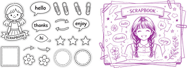 Cute anime girl scrapbook sticker set and hand drawn sketch page template with speech bubbles and decorative elements © Muhammad