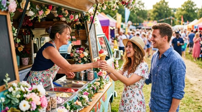 A cheerful woman ice cream seller serving a smiling couple from a charming floral-decorated food truck during a lively summer festival. The happy customers receive gelato cones outdoors.