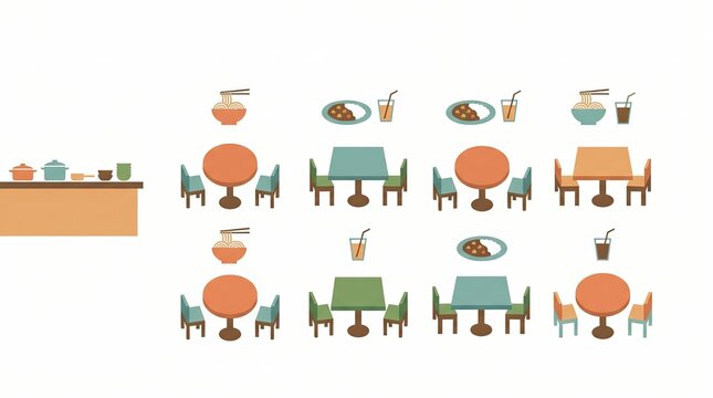 Thai Restaurant Business, Thai Food Dining Experience, raditional Thai Restaurant, Colorful Restaurant Interior with Tables and Food Items