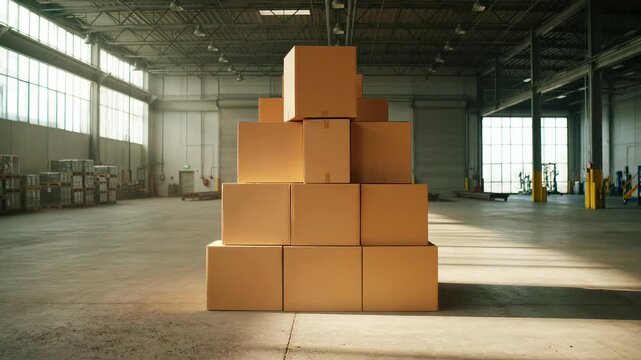 Large stack of cardboard shipping boxes in center of vast industrial warehouse distribution center