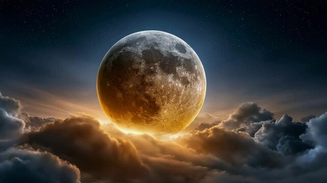 Full Moon Emerging from Dark Clouds in Night Sky