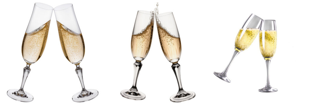 Three pairs of champagne glasses clinking, isolated on white background