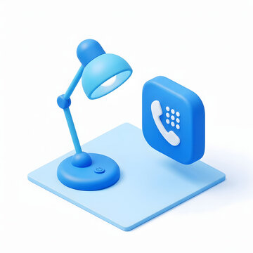 Blue isometric desk lamp sitting next to a digital telephone icon on a clean white surface