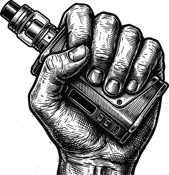 Vector engraving illustration of human hand holding electronic cigarette vape mod box isolated on white background