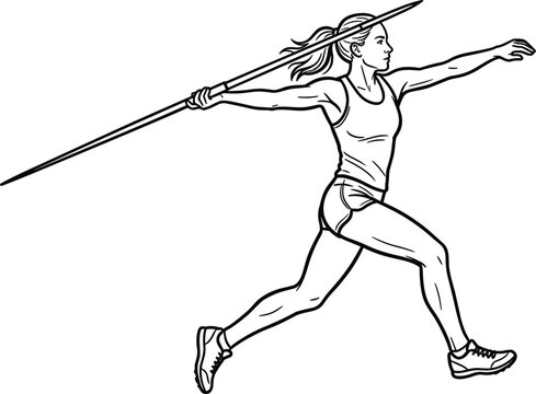 Vector line art of female athlete throwing a javelin spear isolated on white background for sports design