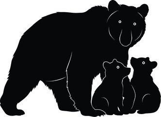 Black silhouette of a mother bear with two cute cubs, vector illustration © Sourav