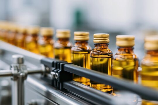 The Bottles on a Conveyor Belt in a Modern Pharmaceutical Factory