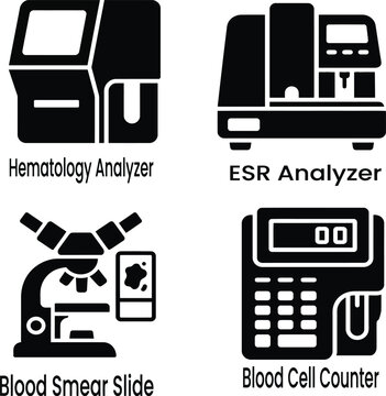 Medical Laboratory Equipment Icons Set with Hematology Analyzer, Blood Cell Counter and ESR Analyzer
