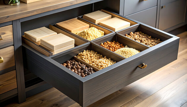 Kitchen drawer with organized snack storage.