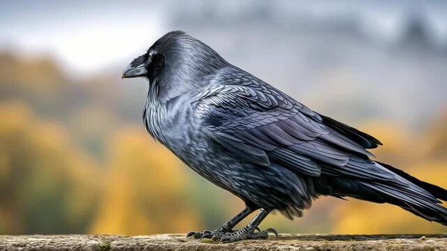 Black Raven Perched on Gothic Stone Ledge in Mist