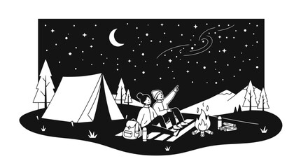 Couple stargazing by campfire near tent in night landscape, vector illustration © illustration