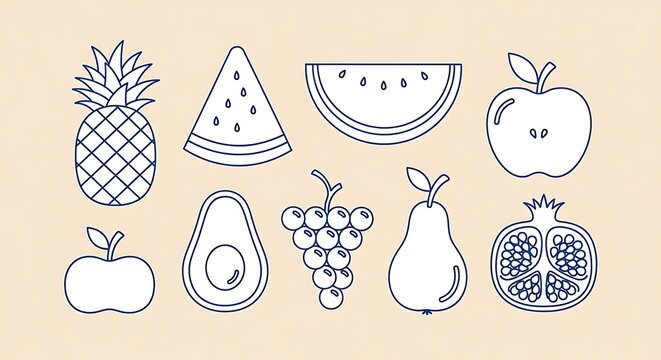 Outline drawing of various fruits like pineapple apple grapes pear with line art