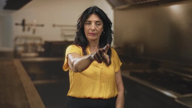Woman points finger toward camera in restaurant kitchen inside building, middleaged hispanic wearing yellow blouse with visible hand and forearm; determination.